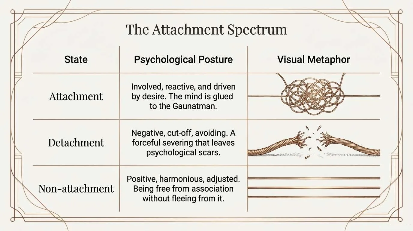 Table with three rows, Attachment, Detachment and Non-attachment, each with a psychological posture and a copper thread drawn as a tangle, a snapped cord, and three parallel lines