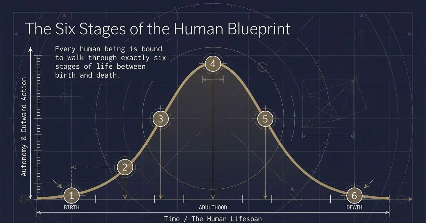 A bell curve of autonomy and outward action across a lifetime, with six numbered points from birth, rising to a peak at adulthood and falling toward death