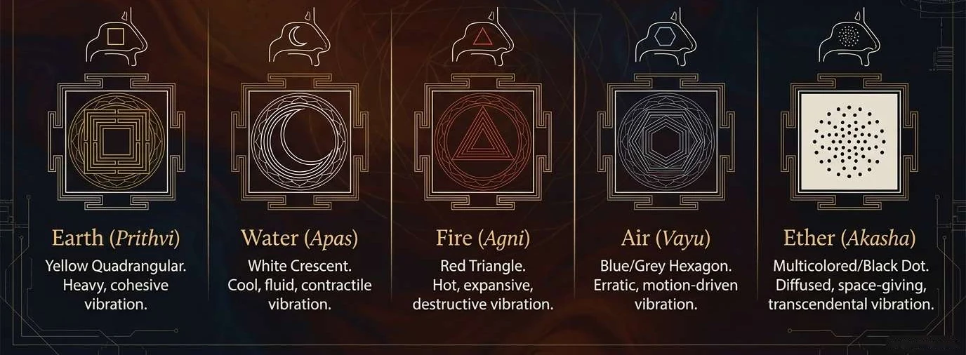 Five ornate square panels in a row, each with a small nose above it. Earth is a yellow square, heavy and cohesive. Water is a white crescent, cool and fluid. Fire is a red triangle, hot and expanding. Air is a blue-grey hexagon, restless and moving. Ether is a field of scattered black dots, diffused and open