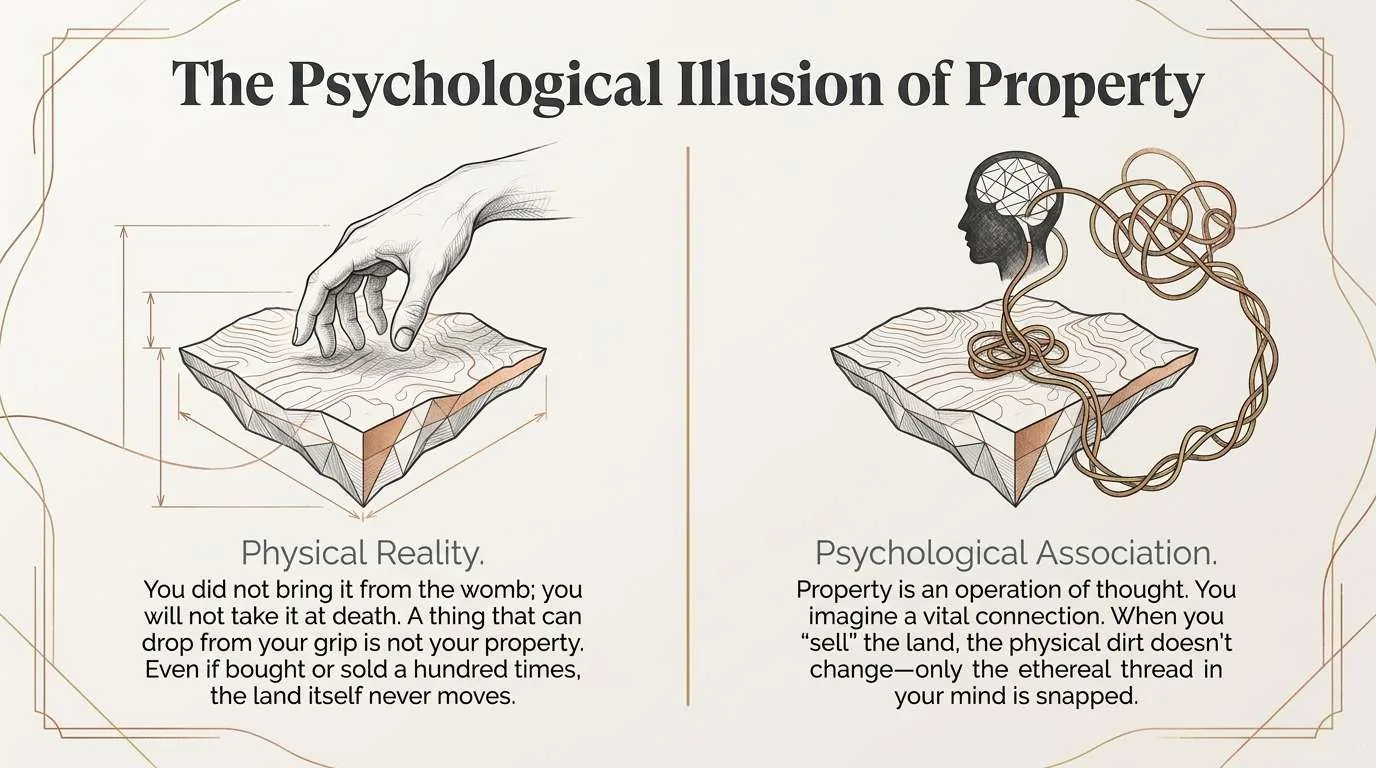 Left: a hand touching a slab of land, labelled Physical Reality. Right: the same slab joined by a tangled thread to a head, labelled Psychological Association